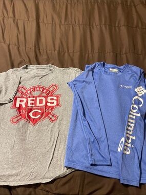 Cincy Reds Gray short sleeve Tee & Columbia Blue Long Sleeve Shirt, M 10-12